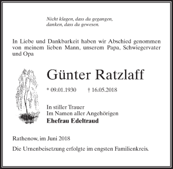 Traueranzeige von Günter Ratzlaff von Märkischen Allgemeine Zeitung