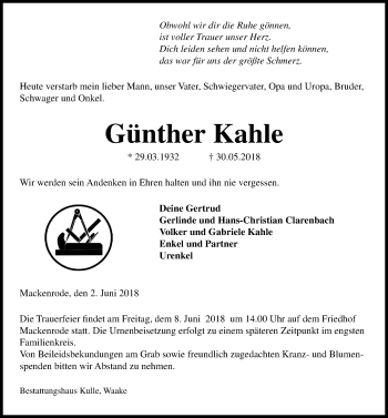 Traueranzeige von Günther Kahle von Göttinger Tageblatt