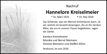 Traueranzeige von Hannelore Kreiselmeier von Ostsee-Zeitung GmbH