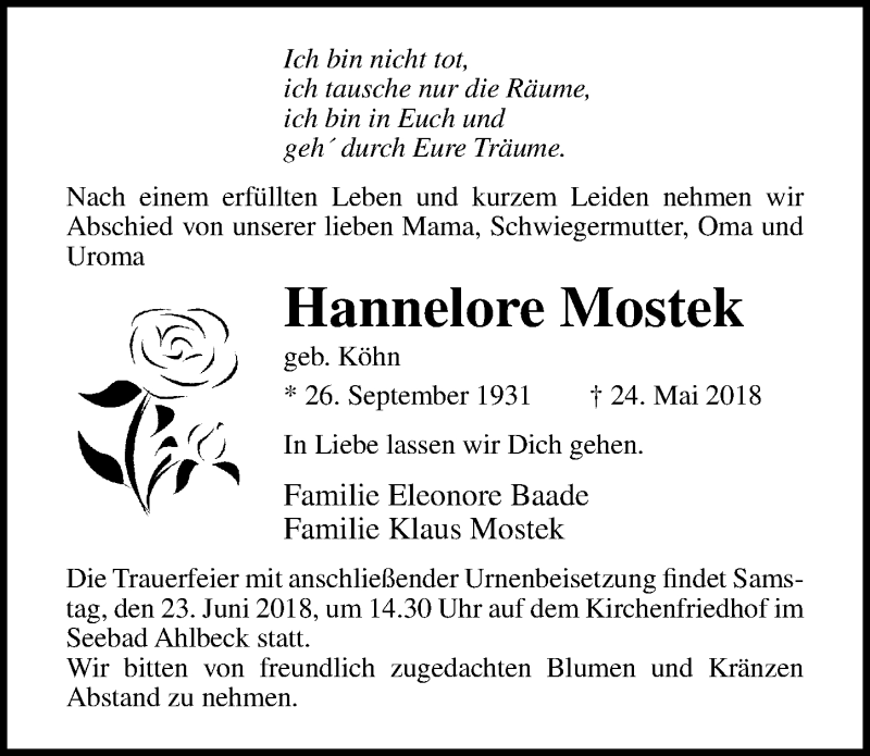  Traueranzeige für Hannelore Mostek vom 16.06.2018 aus Ostsee-Zeitung GmbH