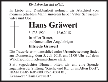 Traueranzeige von Hans Gräwert von Märkischen Allgemeine Zeitung