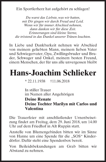 Traueranzeige von Hans-Joachim Schlieker von Märkischen Allgemeine Zeitung