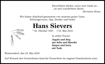 Traueranzeige von Hans Sievers von Kieler Nachrichten