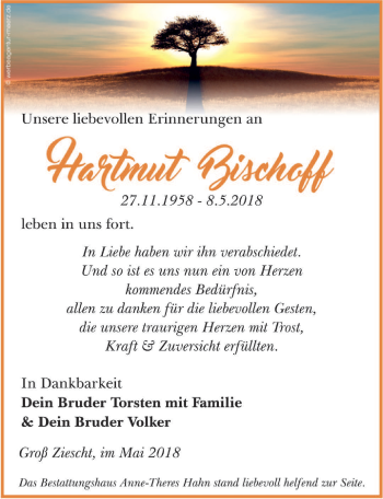 Traueranzeige von Hartmut Bischoff von Märkischen Allgemeine Zeitung