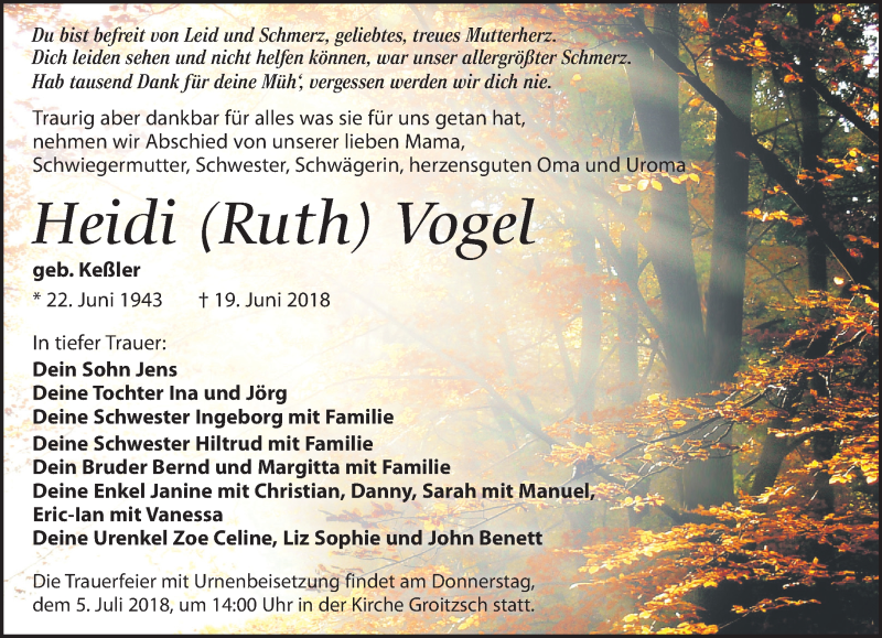  Traueranzeige für Heidi Vogel vom 23.06.2018 aus Leipziger Volkszeitung