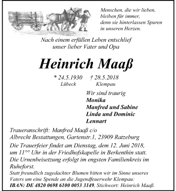Traueranzeige von Heinrich Maaß von Lübecker Nachrichten