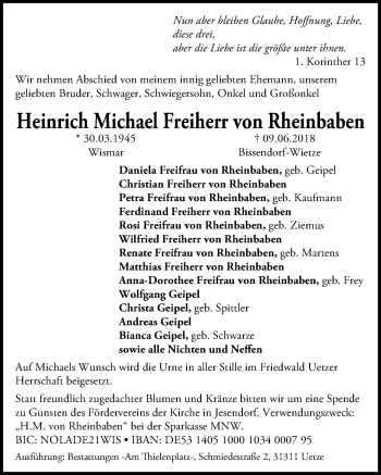 Traueranzeige von Heinrich Michael  Freiherr von Rheinbaben von Hannoversche Allgemeine Zeitung/Neue Presse