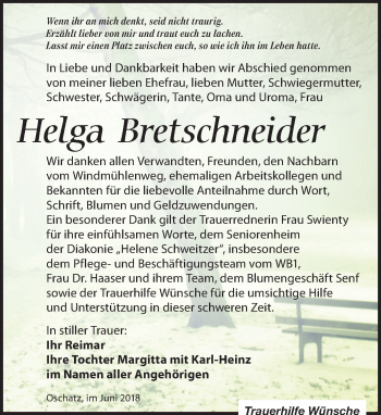 Traueranzeige von Helga Bretschneider von Leipziger Volkszeitung