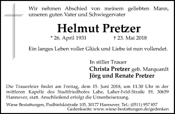 Traueranzeige von Helmut Pretzer von Hannoversche Allgemeine Zeitung/Neue Presse