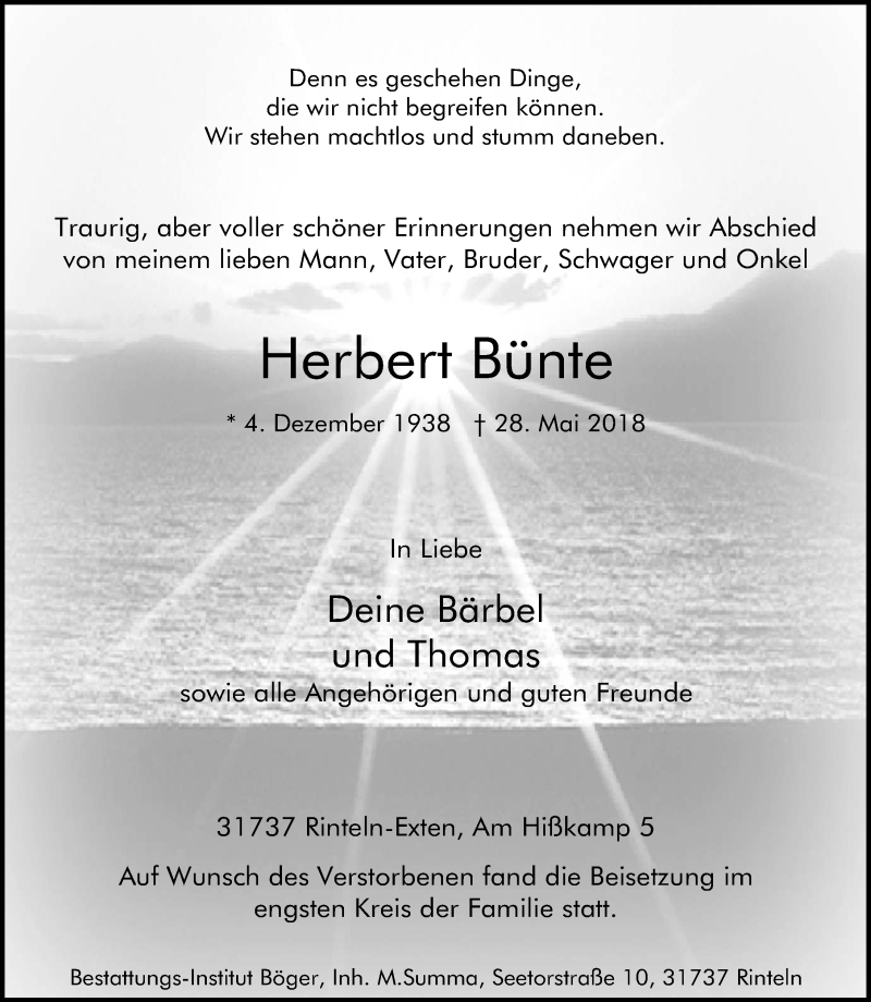  Traueranzeige für Herbert Bünte vom 16.06.2018 aus Schaumburger Nachrichten