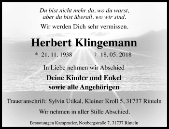Traueranzeige von Herbert Klingemann von Schaumburger Nachrichten