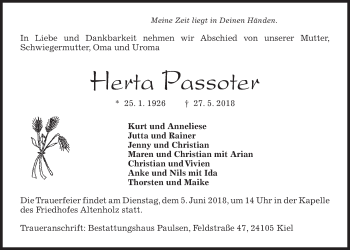 Traueranzeige von Herta Passoter von Kieler Nachrichten