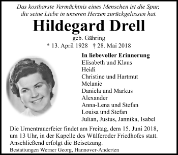 Traueranzeige von Hildegard Drell von Hannoversche Allgemeine Zeitung/Neue Presse