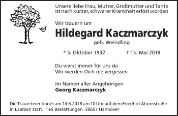 Traueranzeige von Hildegard Kaczmarczyk von Hannoversche Allgemeine Zeitung/Neue Presse