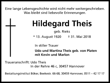 Traueranzeige von Hildegard Theis von Hannoversche Allgemeine Zeitung/Neue Presse