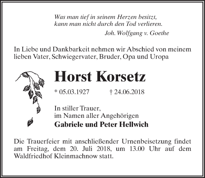  Traueranzeige für Horst Korsetz vom 30.06.2018 aus Märkischen Allgemeine Zeitung