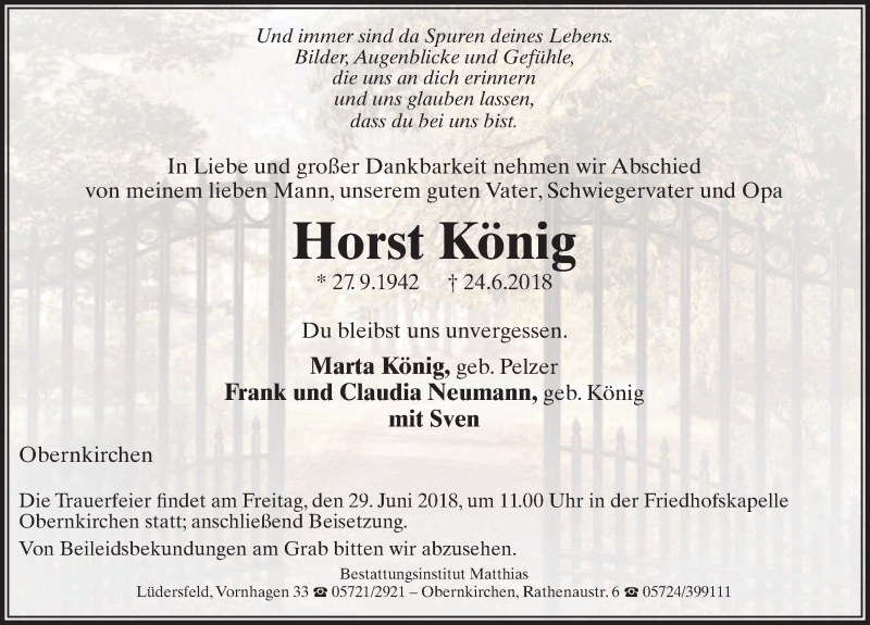  Traueranzeige für Horst König vom 27.06.2018 aus Schaumburger Nachrichten