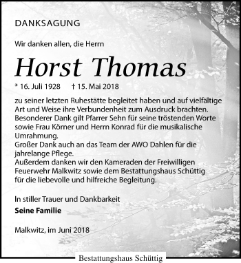 Traueranzeige von Horst Thomas von Leipziger Volkszeitung