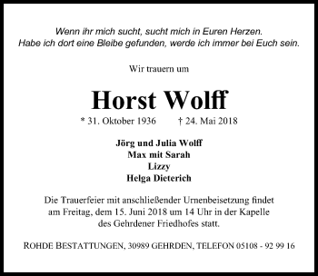 Traueranzeige von Horst Wolff von Hannoversche Allgemeine Zeitung/Neue Presse