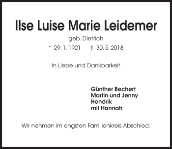 Traueranzeige von Ilse Luise Marie Leidemer von Kieler Nachrichten