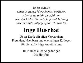Traueranzeige von Inge Duschat von Ostsee-Zeitung GmbH