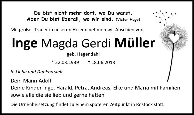 Traueranzeige für Inge Magda Gerdi Müller vom 23.06.2018 aus Ostsee-Zeitung GmbH