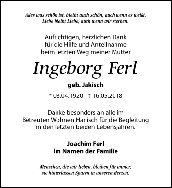 Traueranzeige von Ingeborg Ferl von Leipziger Volkszeitung