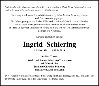 Traueranzeige von Ingrid Schiering von Lübecker Nachrichten