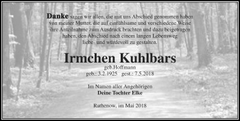 Traueranzeige von Irmchen Kuhlbars von Märkischen Allgemeine Zeitung