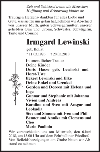Traueranzeige von Irmgard Lewinski von Märkischen Allgemeine Zeitung