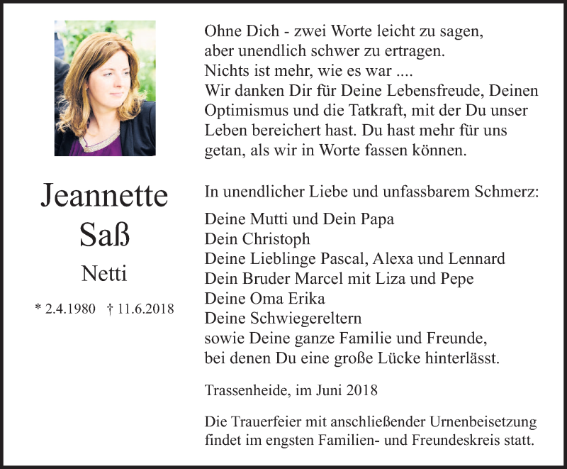  Traueranzeige für Jeannette Saß vom 16.06.2018 aus Ostsee-Zeitung GmbH