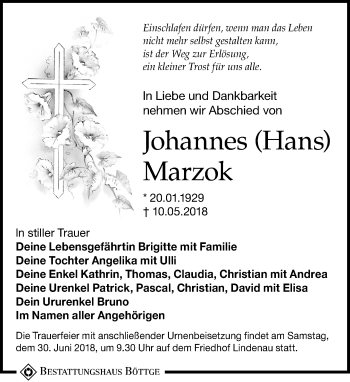 Traueranzeige von Johannes Marzok von Leipziger Volkszeitung