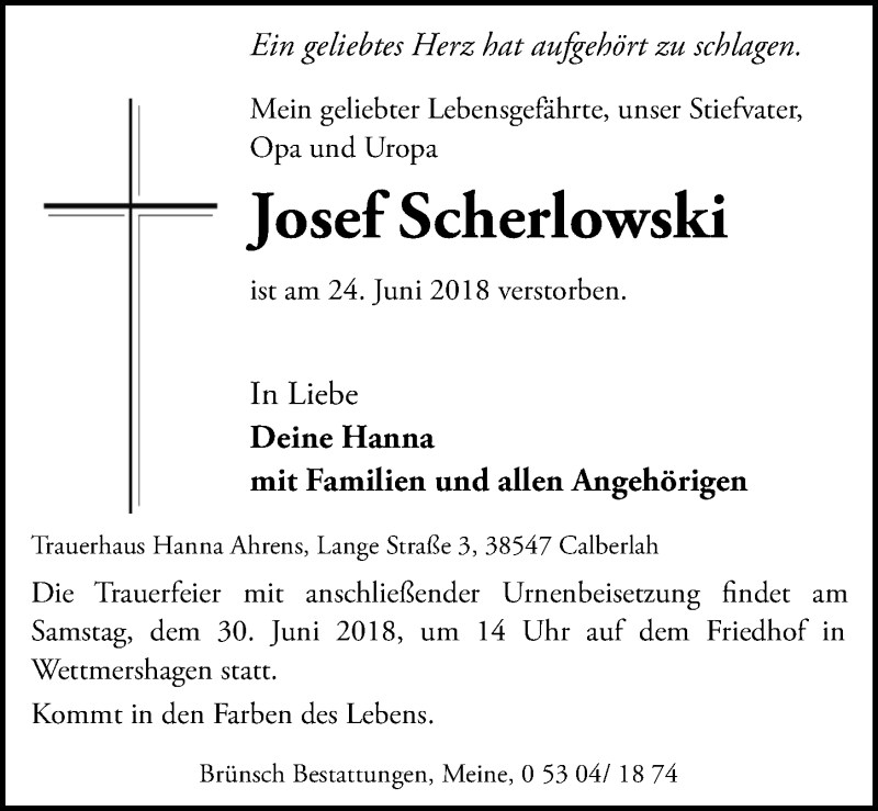  Traueranzeige für Josef Scherlowski vom 27.06.2018 aus Aller Zeitung