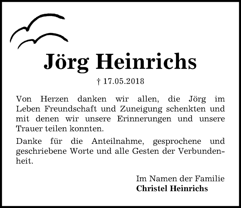  Traueranzeige für Jörg Heinrichs vom 09.06.2018 aus Kieler Nachrichten