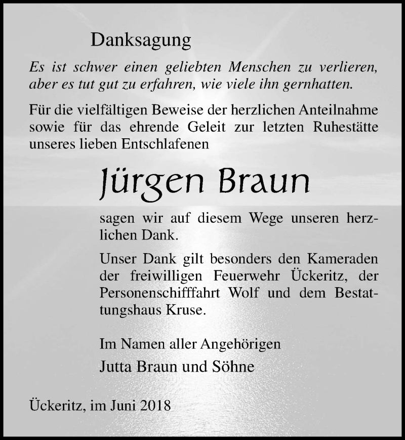  Traueranzeige für Jürgen Braun vom 23.06.2018 aus Ostsee-Zeitung GmbH