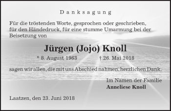 Traueranzeige von Jürgen Jojo Knoll von Hannoversche Allgemeine Zeitung/Neue Presse