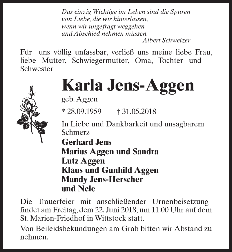  Traueranzeige für Karla Jens-Aggen vom 09.06.2018 aus Märkischen Allgemeine Zeitung