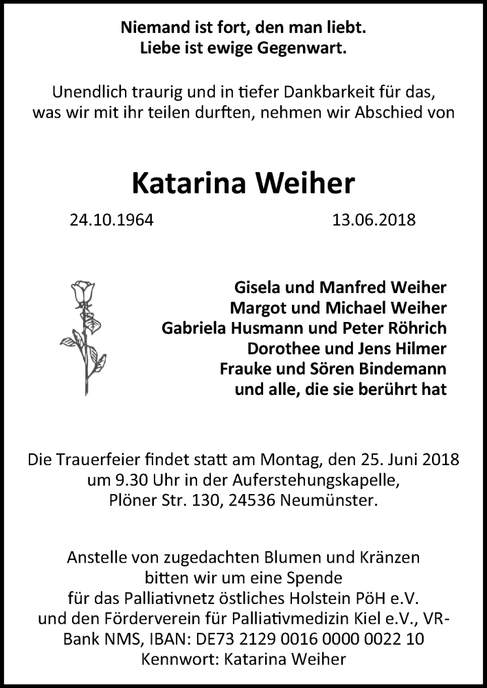  Traueranzeige für Katarina Weiher vom 20.06.2018 aus Kieler Nachrichten