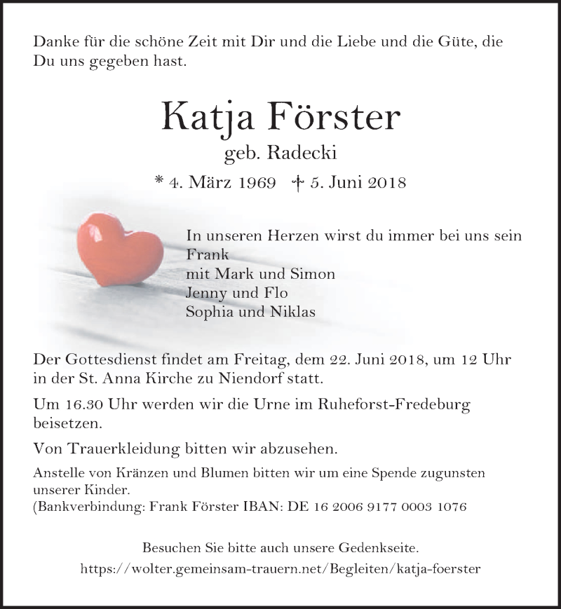  Traueranzeige für Katja Förster vom 16.06.2018 aus Lübecker Nachrichten