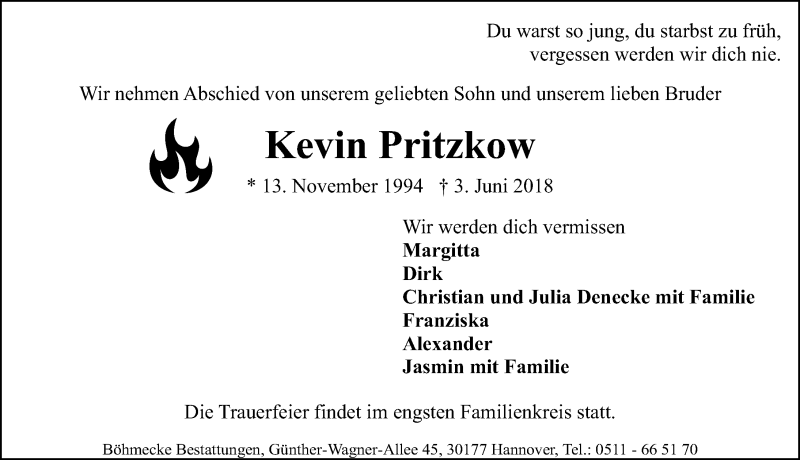  Traueranzeige für Kevin Pritzkow vom 09.06.2018 aus Göttinger Tageblatt