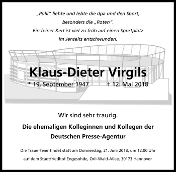 Traueranzeige von Klaus-Dieter Virgils von Hannoversche Allgemeine Zeitung/Neue Presse