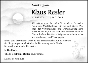 Traueranzeige von Klaus Resler von Ostsee-Zeitung GmbH