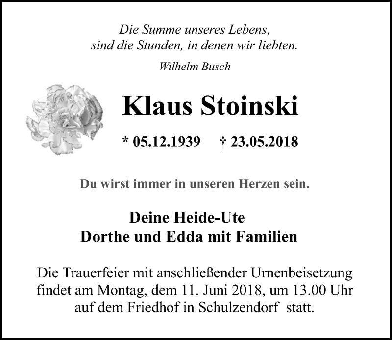  Traueranzeige für Klaus Stoinski vom 02.06.2018 aus Märkischen Allgemeine Zeitung