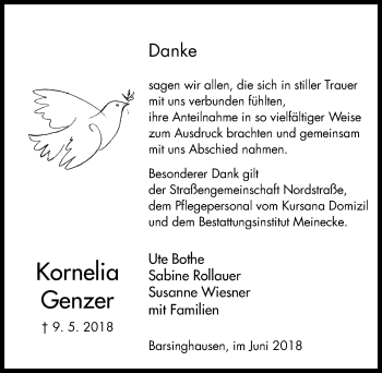 Traueranzeige von Kornelia Genzer von Hannoversche Allgemeine Zeitung/Neue Presse