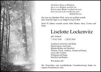 Traueranzeige von Liselotte Lockenvitz von Ostsee-Zeitung GmbH