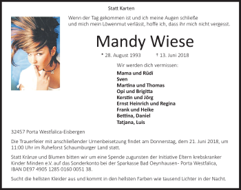 Traueranzeige von Mandy Wiese von Schaumburger Nachrichten