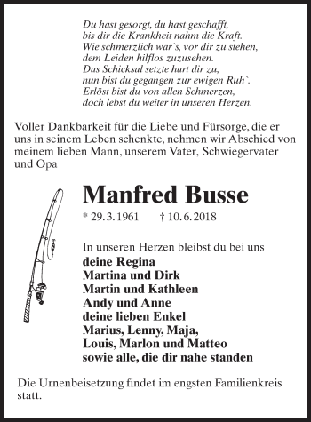 Traueranzeige von Manfred Busse von Märkischen Allgemeine Zeitung