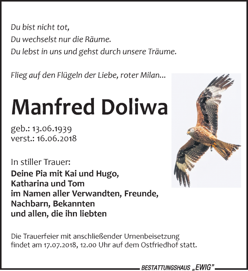  Traueranzeige für Manfred Doliwa vom 23.06.2018 aus Leipziger Volkszeitung