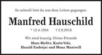 Traueranzeige von Manfred Hauschild von Kieler Nachrichten