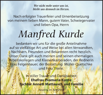 Traueranzeige von Manfred Kurde von Leipziger Volkszeitung